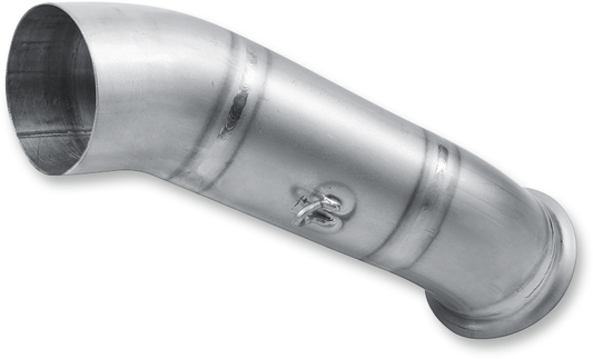 AKRAPOVIC titanium link pipe L-D8SO2 for motorcycle exhaust performance, showcasing the lightweight metal and sleek design.