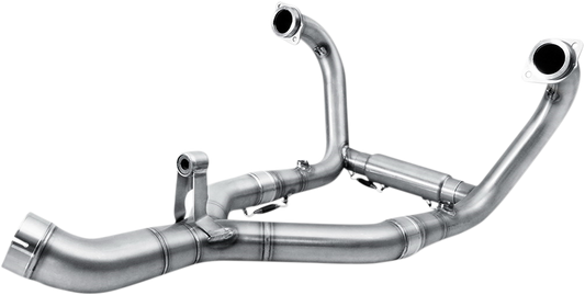 AKRAPOVIC stainless steel motorcycle header pipe for E-S6R6 model, showcasing polished metal with detailed welds.