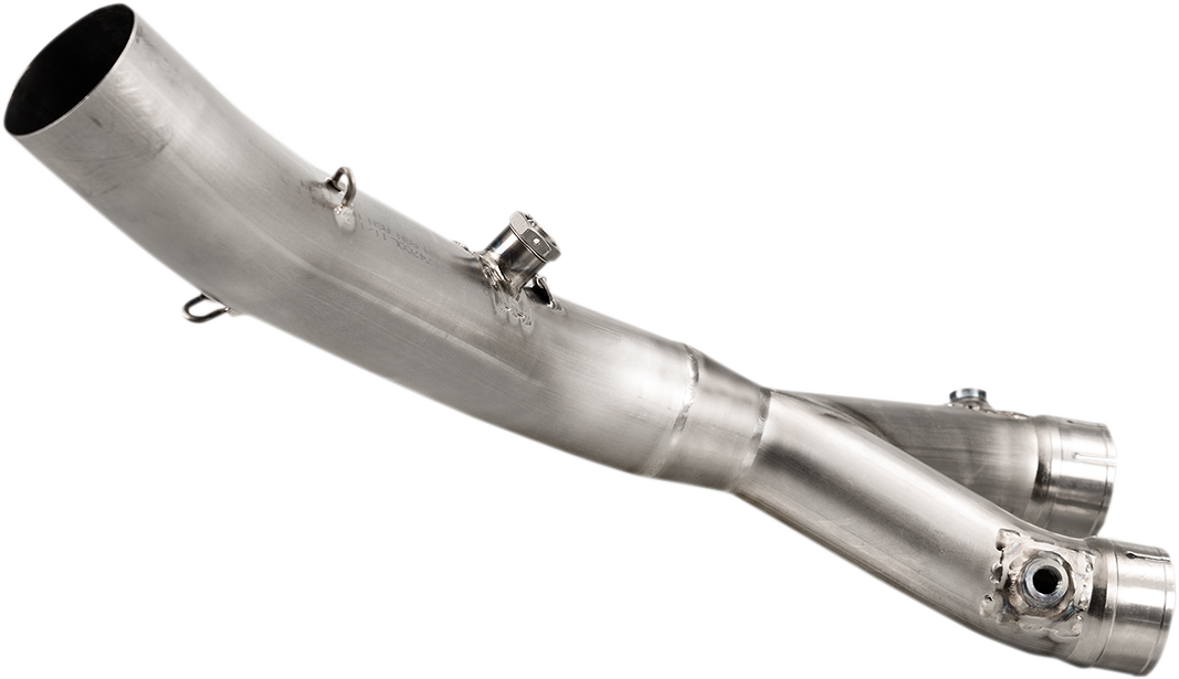 AKRAPOVIC titanium track day link pipe L-Y10SO11T/TD for enhanced motorcycle exhaust performance, shown in the image.