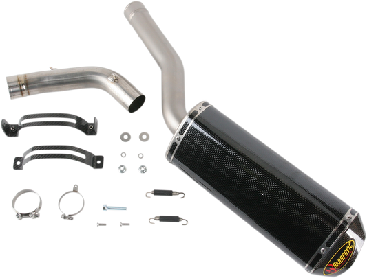 AKRAPOVIC slip-on line muffler for Yamaha with carbon fiber end cap, featuring sleek black and carbon fiber finish.