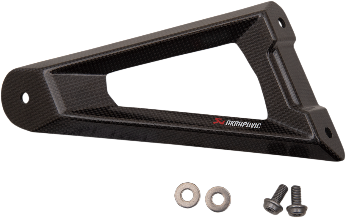 AKRAPOVIC carbon fiber muffler bracket for BMW S1000RR motorcycle, lightweight and durable exhaust accessory.