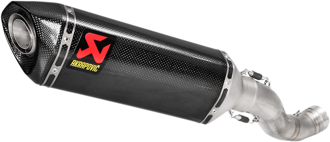 AKRAPOVIC carbon fiber slip-on muffler installed on Aprilia RSV4 and Tuono motorcycle, showcasing sleek design and branding.