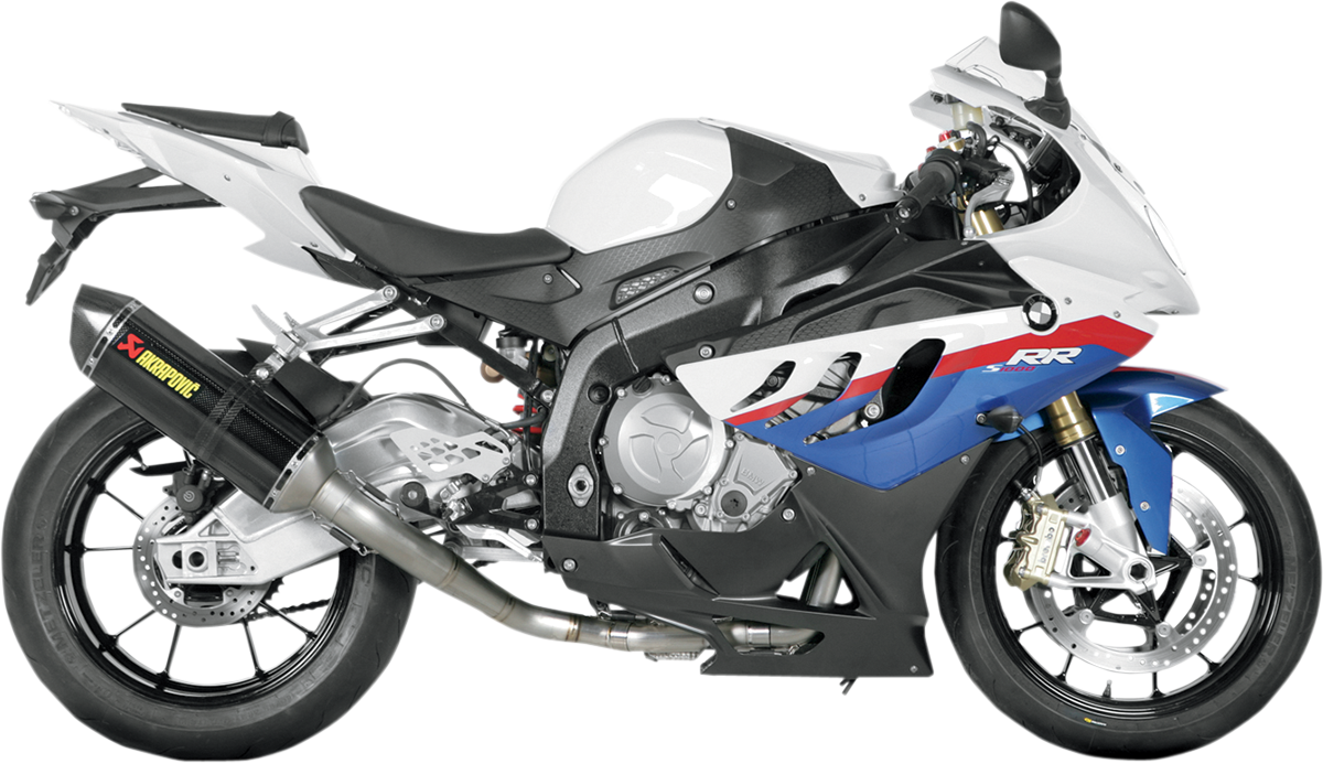 AKRAPOVIC Race Line Exhaust System for BMW B10R1 with carbon fiber end cap and sleek black finish, showcasing high-performance motorcycle exhaust.
