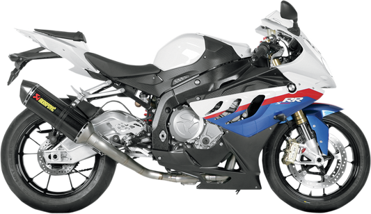 AKRAPOVIC Race Line Exhaust System for BMW B10R1 with carbon fiber end cap and sleek black finish, showcasing high-performance motorcycle exhaust.