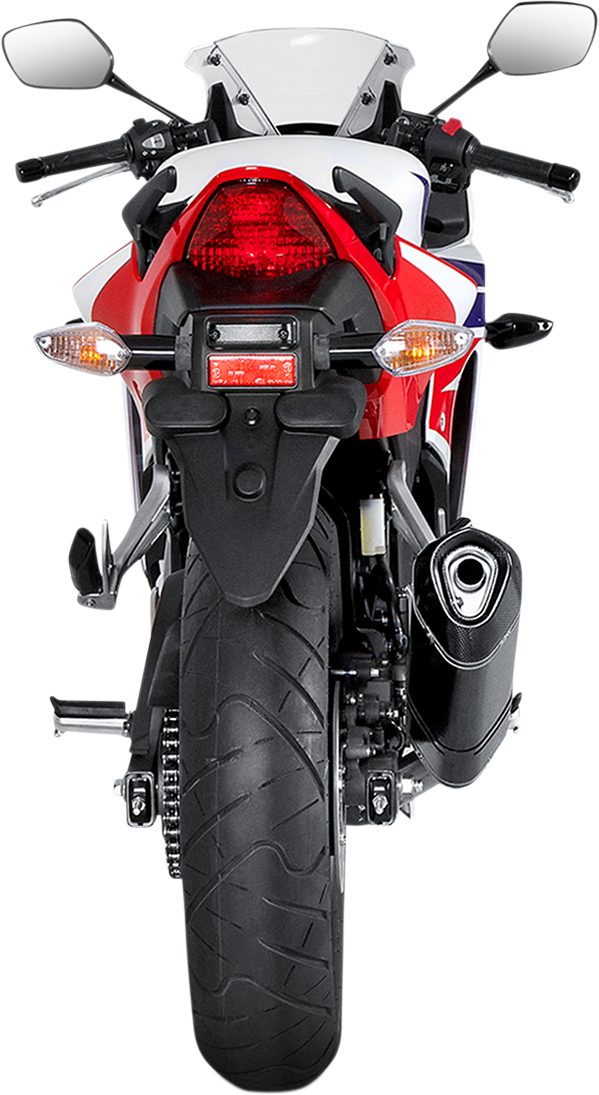 AKRAPOVIC Slip-On Line muffler with carbon fiber end cap, designed for enhanced motorcycle performance and sleek exhaust appearance.