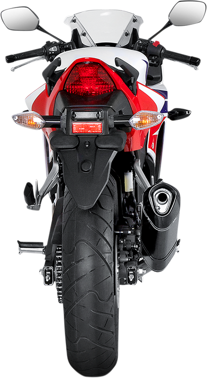 AKRAPOVIC Slip-On Line muffler with carbon fiber end cap, designed for enhanced motorcycle performance and sleek exhaust appearance.