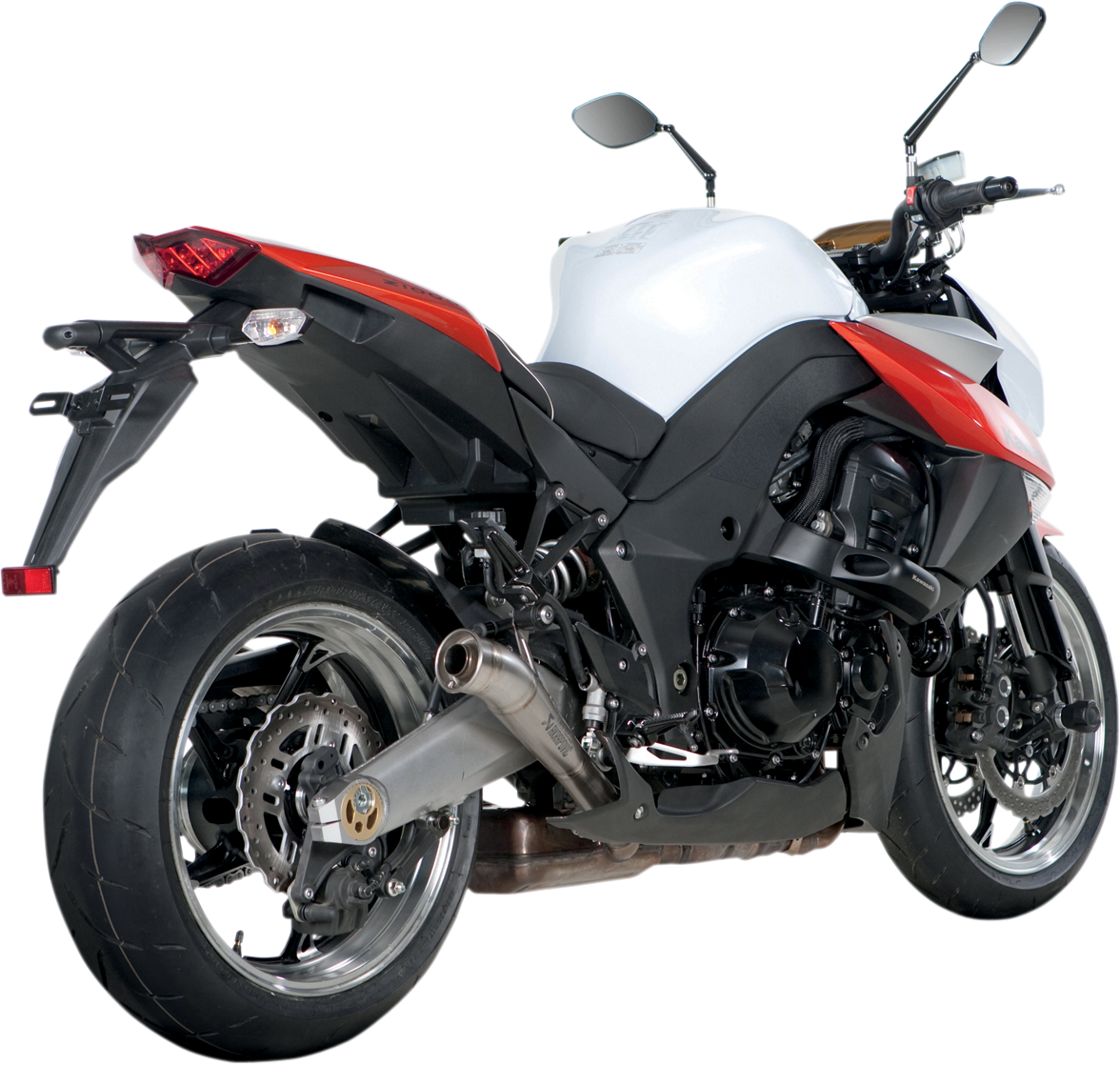 AKRAPOVIC Megaphone muffler in titanium for motorcycle, showcasing sleek, high-performance exhaust design with branding details.