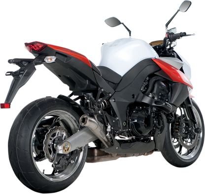 AKRAPOVIC Megaphone muffler in titanium for motorcycle, showcasing sleek, high-performance exhaust design with branding details.