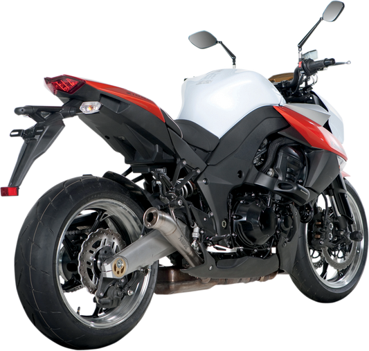 AKRAPOVIC Megaphone muffler in titanium for motorcycle, showcasing sleek, high-performance exhaust design with branding details.
