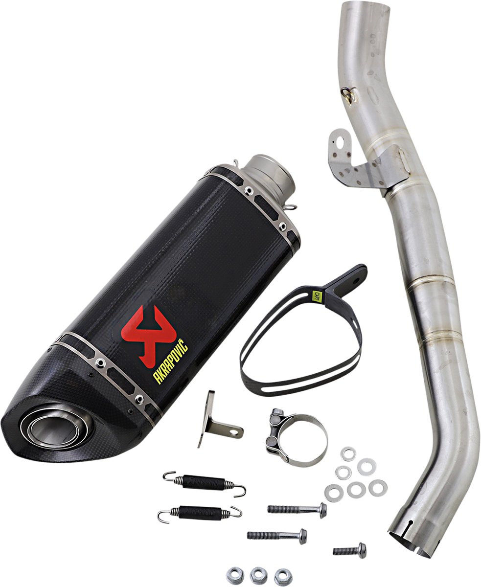 AKRAPOVIC Street Triple carbon fiber muffler with sleek design and branding, designed for enhanced performance and sound.