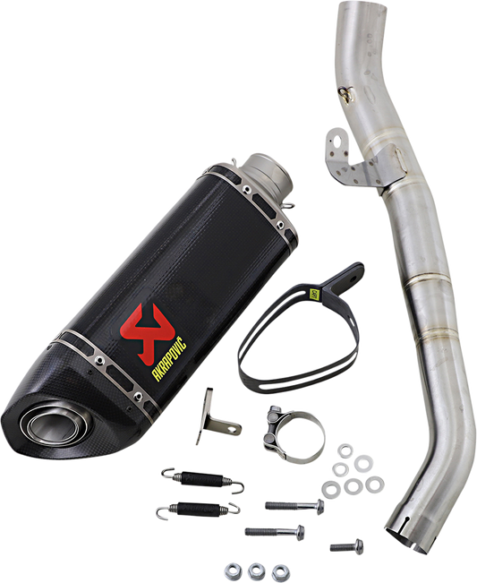 AKRAPOVIC Street Triple carbon fiber muffler with sleek design and branding, designed for enhanced performance and sound.