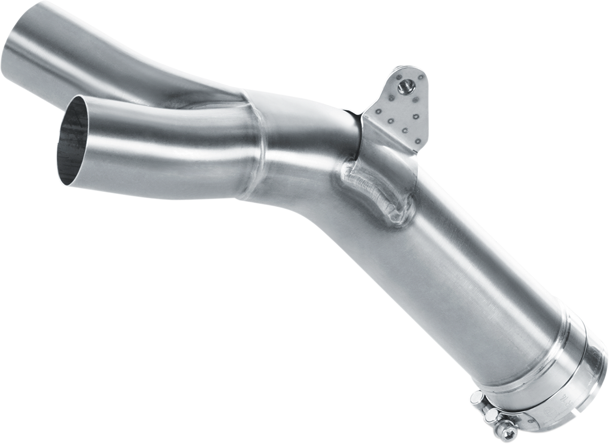 AKRAPOVIC stainless steel link pipe for Y-pipe replacement, model L-Y10SO6, with a sleek metallic finish and precise fit.