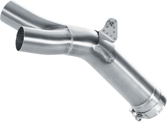 AKRAPOVIC stainless steel link pipe for Y-pipe replacement, model L-Y10SO6, with a sleek metallic finish and precise fit.