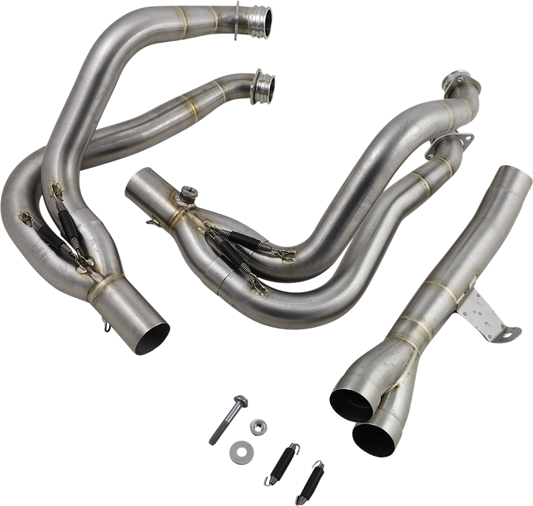 AKRAPOVIC stainless steel header for E-K10R6 motorcycle, showcasing durable construction and precise fitment.