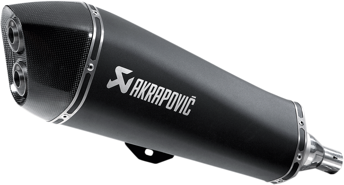 AKRAPOVIC black scooter muffler S-PI4SO3-HRSSBL with polished finish, designed for enhanced performance and sound.