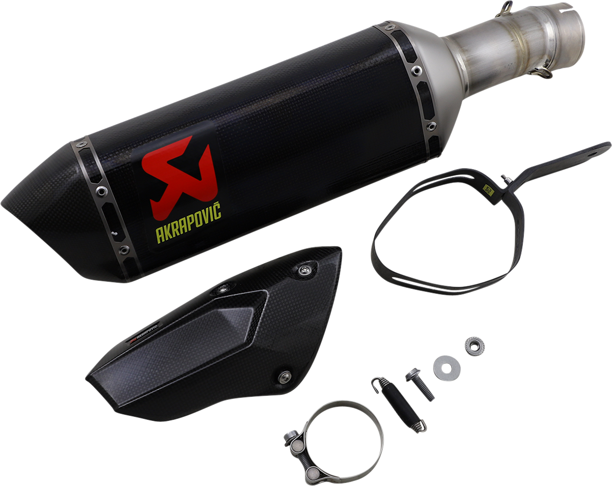 Akrapovic carbon fiber motorcycle muffler S-B10SO13-HZC with sleek black finish and branding, designed for enhanced performance.