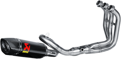 AKRAPOVIC stainless steel and carbon fiber race exhaust for motorcycle, featuring sleek design and performance-enhancing features.