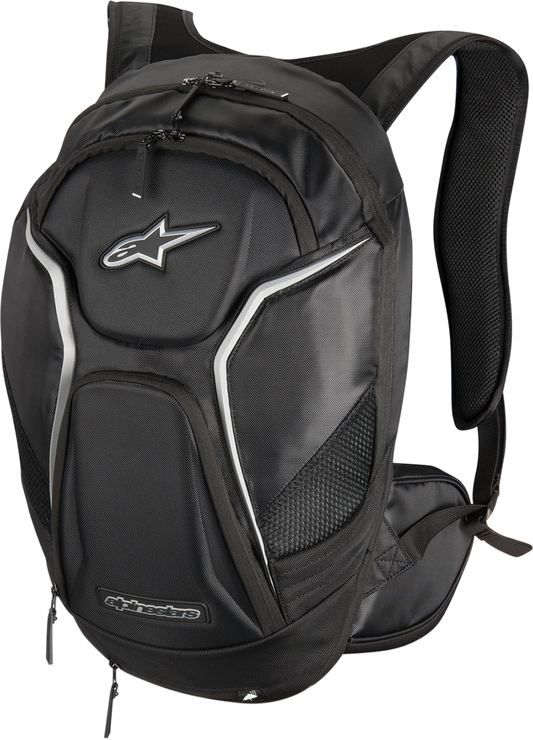 Alpinestars Tech Aero Backpack in black with multiple compartments and padded shoulder straps for motorcycle or outdoor use.
