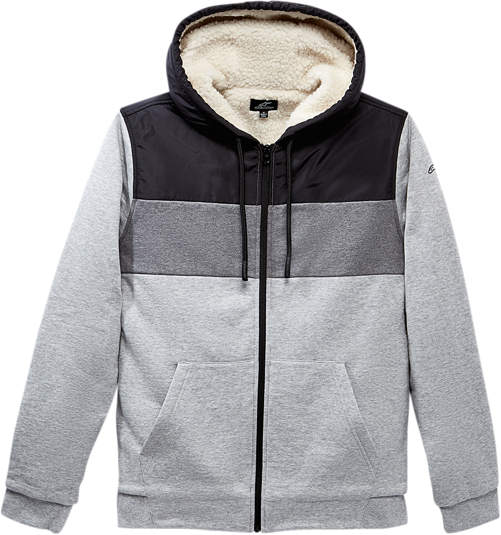 Alpinestars Hoist Hybrid Jacket in 2XL, gray with color block poly overlay and cozy sherpa lining, shown on a hanger.