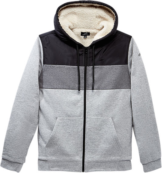 Alpinestars Hoist Hybrid Jacket in 2XL, gray with color block poly overlay and cozy sherpa lining, shown on a hanger.