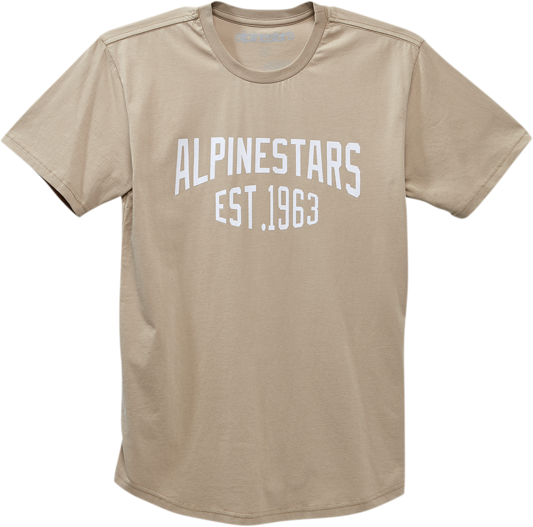 Alpinestars Arched Premium T-Shirt in khaki, size large, featuring the Alpinestars logo and stylish design on the front.