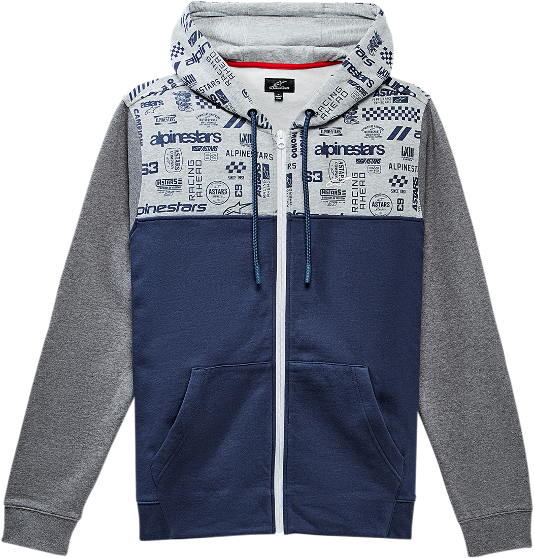 Alpinestars Perpetuity Hoodie in navy color, medium size, featuring a casual fit and logo details, displayed on a hanger.