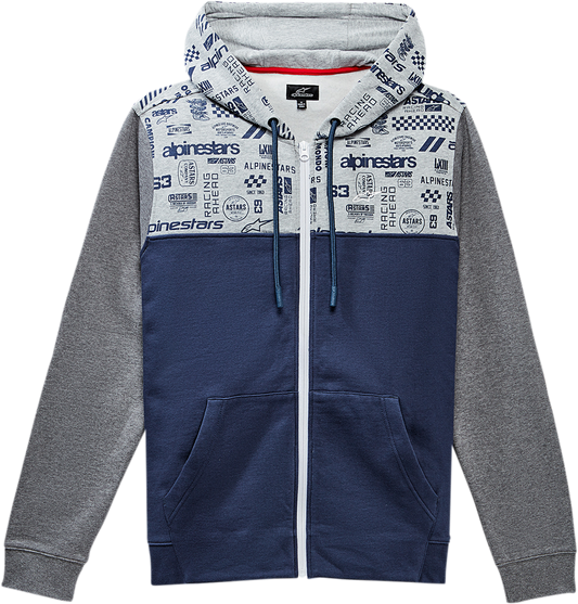 Alpinestars Perpetuity Hoodie in navy color, medium size, featuring a casual fit and logo details, displayed on a hanger.