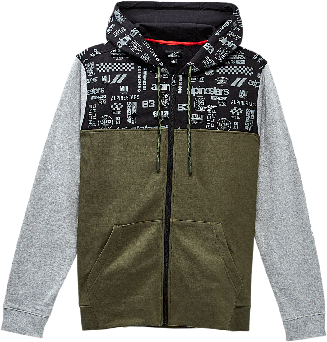 Alpinestars Perpetuity Hoodie in military green, size medium, with front pocket and hood, casual streetwear style.