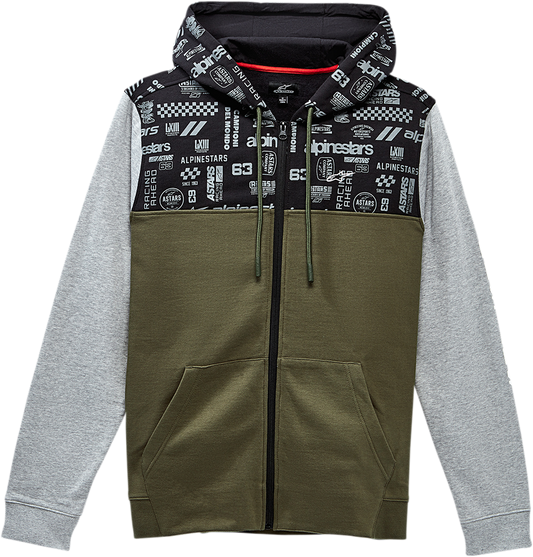 Alpinestars Perpetuity Hoodie in military green, size medium, with front pocket and hood, casual streetwear style.
