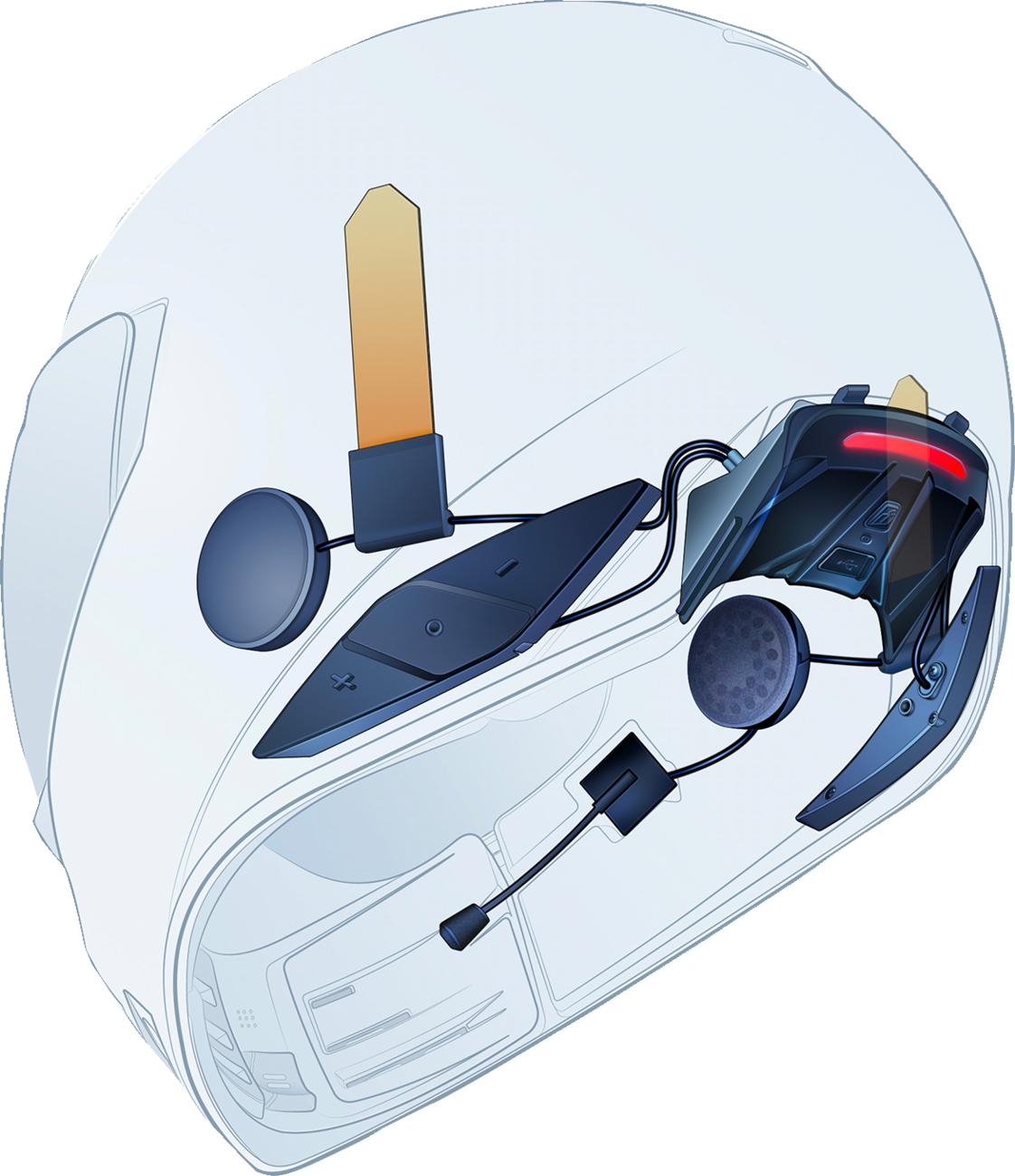 Open box Bill's Exhausts ICON in-helmet communicator in black, with visible microphone and control buttons on the helmet surface.