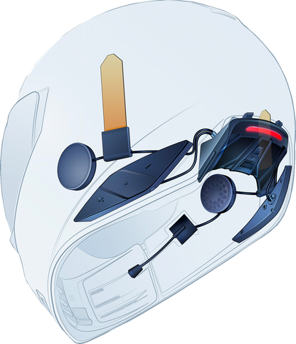 Open box Bill's Exhausts ICON in-helmet communicator in black, with visible microphone and control buttons on the helmet surface.