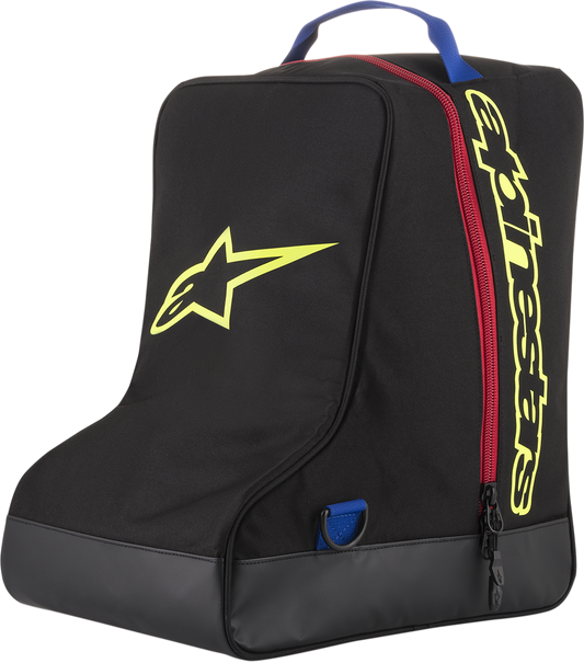 Alpinestars black and blue boot bag with heavy-duty waterproof material for motorcycle boot storage