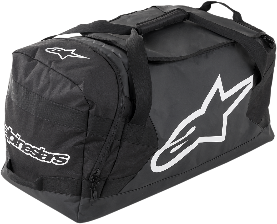 Alpinestars Goanna Bag in black, gray, and white with adjustable straps and multiple compartments for versatile use.