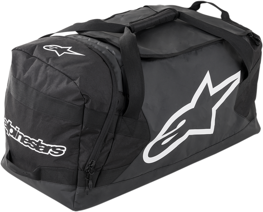 Alpinestars Goanna Bag in black, gray, and white with adjustable straps and multiple compartments for versatile use.