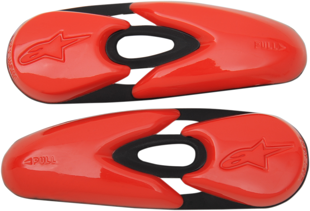 Red Alpinestars Toe Sliders for motorcycle boots, model 25SLI6-30, designed to protect and enhance riding performance.