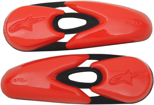 Red Alpinestars Toe Sliders for motorcycle boots, model 25SLI6-30, designed to protect and enhance riding performance.