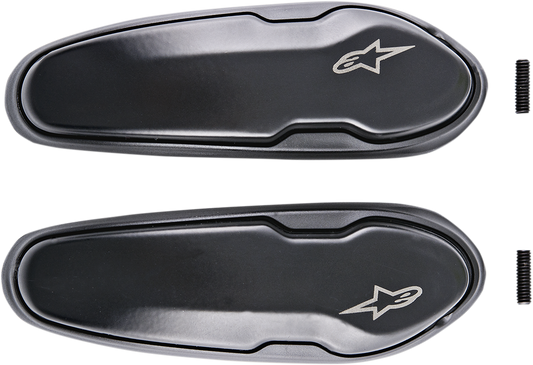 Alpinestars toe sliders for Alpha, Gran Torino, SMX series motorcycle boots, model 25SL15, showing black rubber components and branding.