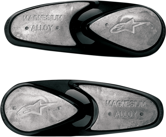 Alpinestars Magnesium Boot Toe Sliders for motorcycle racing and track use, shown on black racing boots.