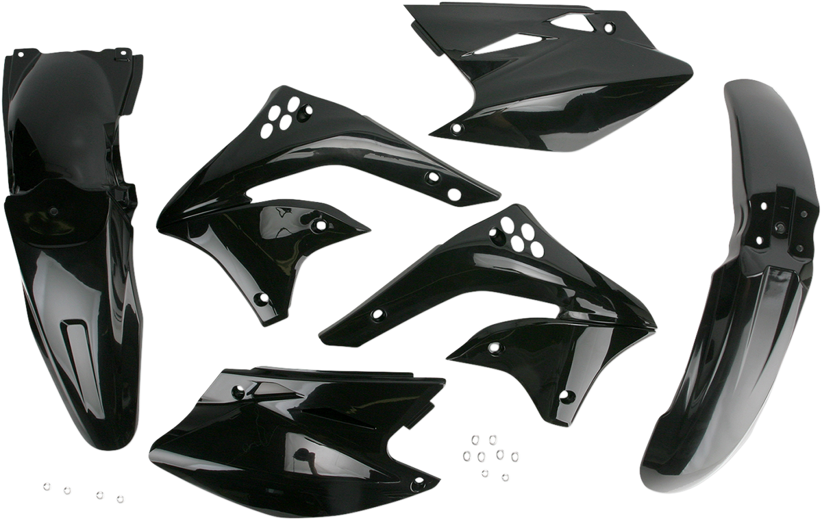 A black Acerbis standard replacement body kit for motorcycles, shown on a plain background with visible panels and parts.