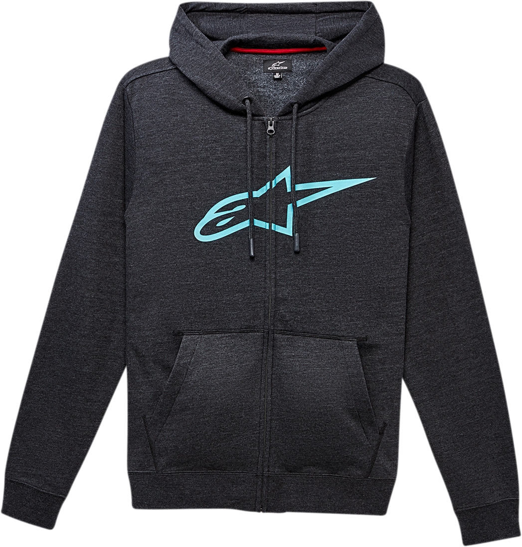 Alpinestars Ageless II Zip Hoodie in charcoal and turquoise, 2XL, made of comfortable cotton-polyester blend, displayed on a hanger.