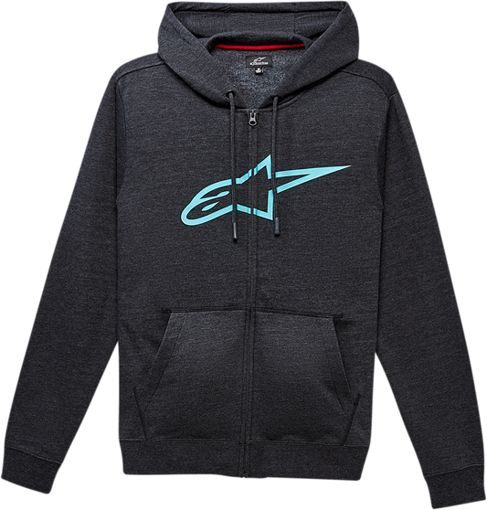 Alpinestars Ageless II Zip Hoodie in charcoal and turquoise, 2XL, made of comfortable cotton-polyester blend, displayed on a hanger.