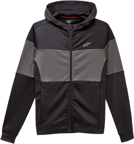 Alpinestars Justify Mid-Layer Jacket in black, medium size, shown on a hanger with visible zipper and branding details.