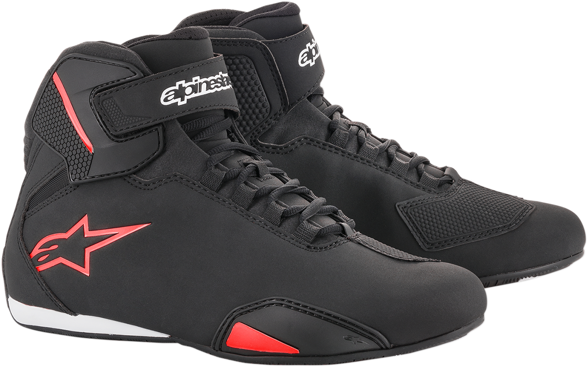 Alpinestars Sektor motorcycle shoes in black and red, US 11.5, showing the sleek design and branding details.