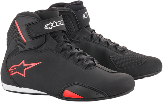 Alpinestars Sektor motorcycle shoes in black and red, US 11.5, showing the sleek design and branding details.