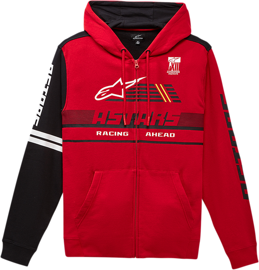 Alpinestars Overtake Hoodie in red with contrast sleeves, 2XL size, featuring the brand logo and stylish design.