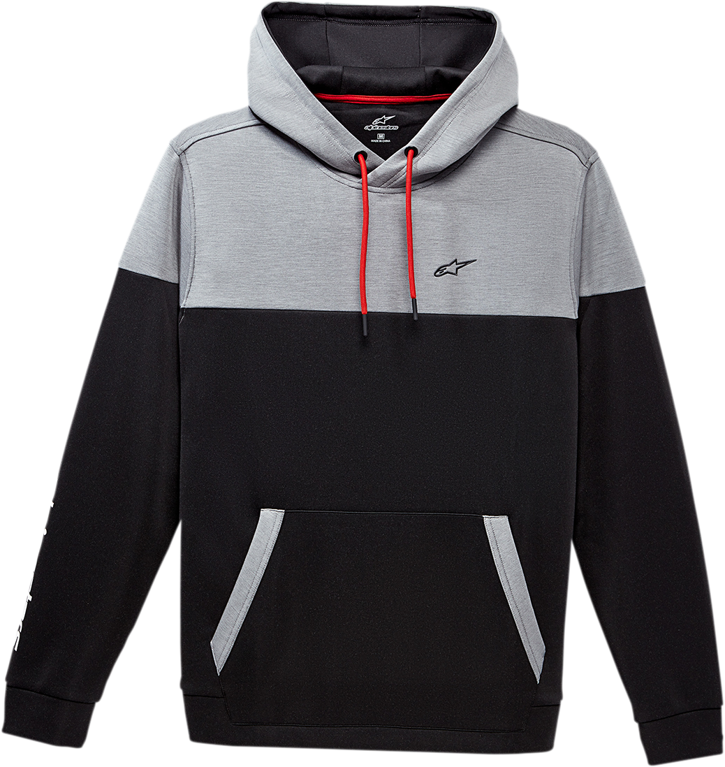 Alpinestars Focus pullover hoodie in black with front kangaroo pocket and logo, medium size, casual athletic style.