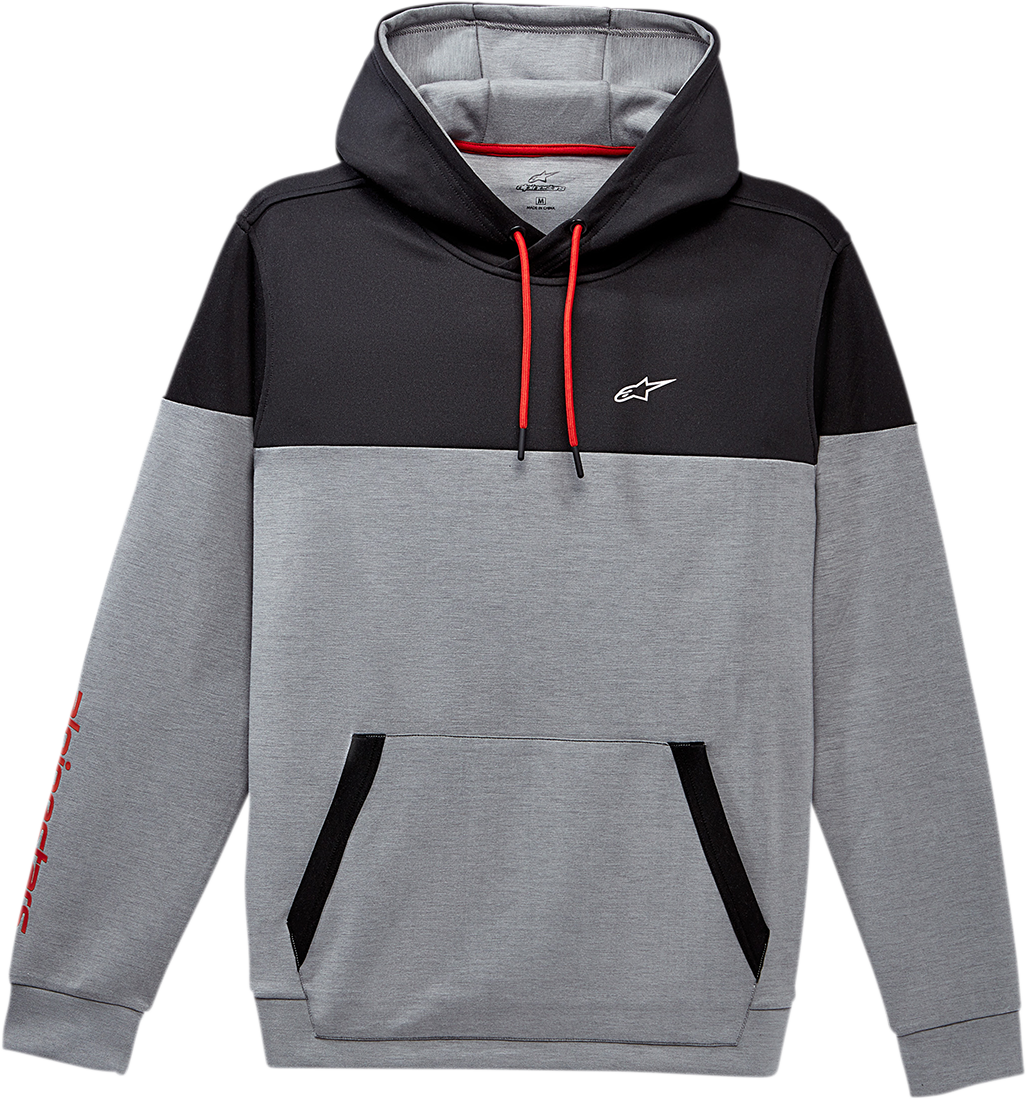 Alpinestars Focus pullover hoodie in heather gray, medium size, with drawstring hood and logo detail, casual athletic style.