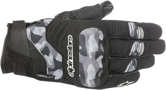 Alpinestars C-30 Drystar waterproof motorcycle gloves in black and camo, size 2XL, with reinforced palms and adjustable wrist straps.