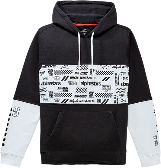 Alpinestars Chaos hoodie in black with race-inspired graphic design, 2XL size, featuring a comfortable fit and stylish streetwear look.