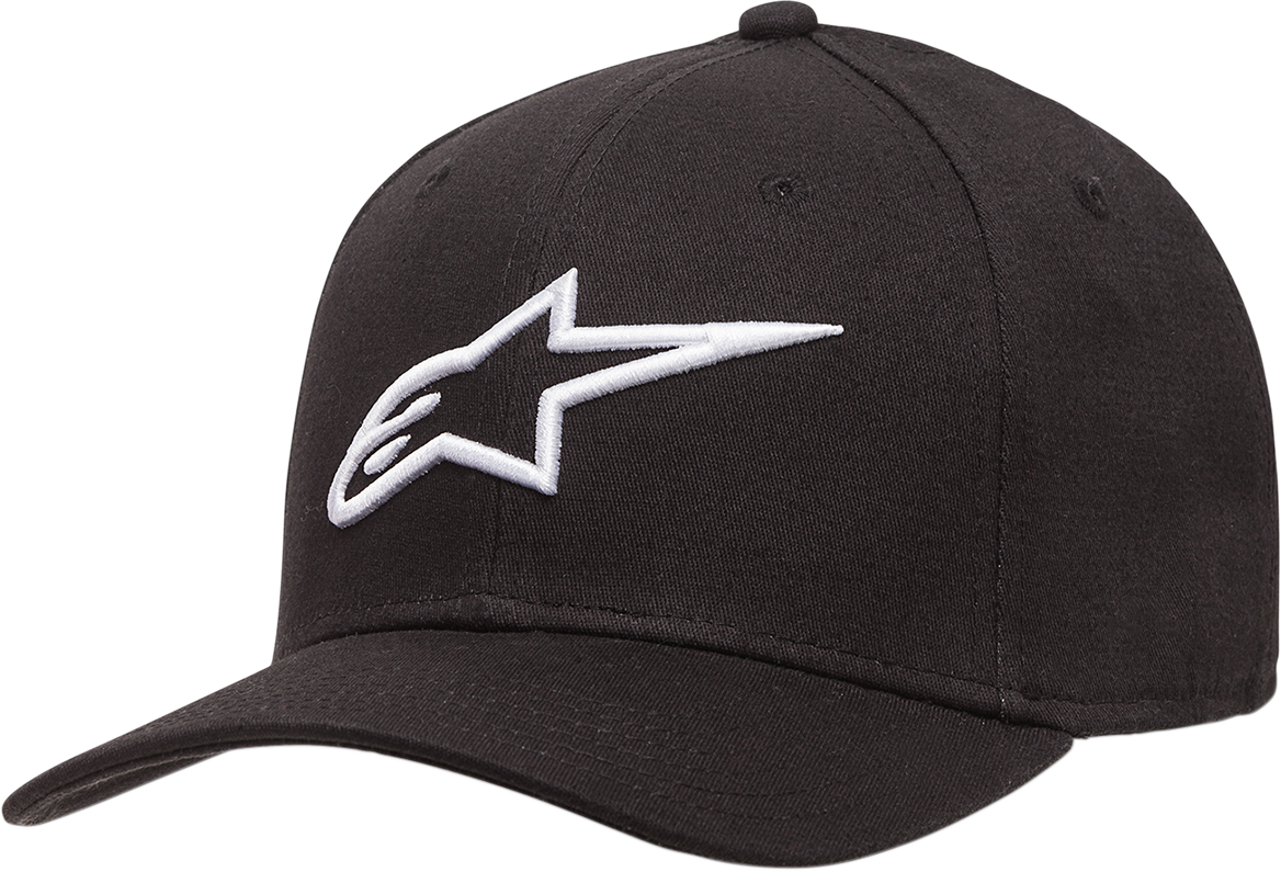 Alpinestars Ageless Curve Hat in black and white, large/extra large size, featuring the ALPINESTARS logo and stylish curved brim